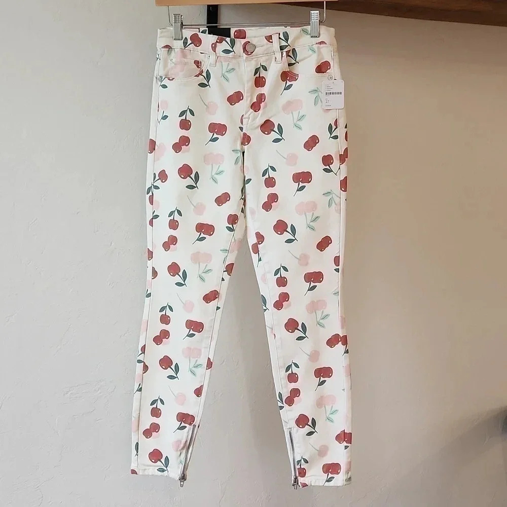 NWT ||FREE PEOPLE-BLANK NYC|| Cherry Print Jeans, Zippers At Ankle, White, Sz 27